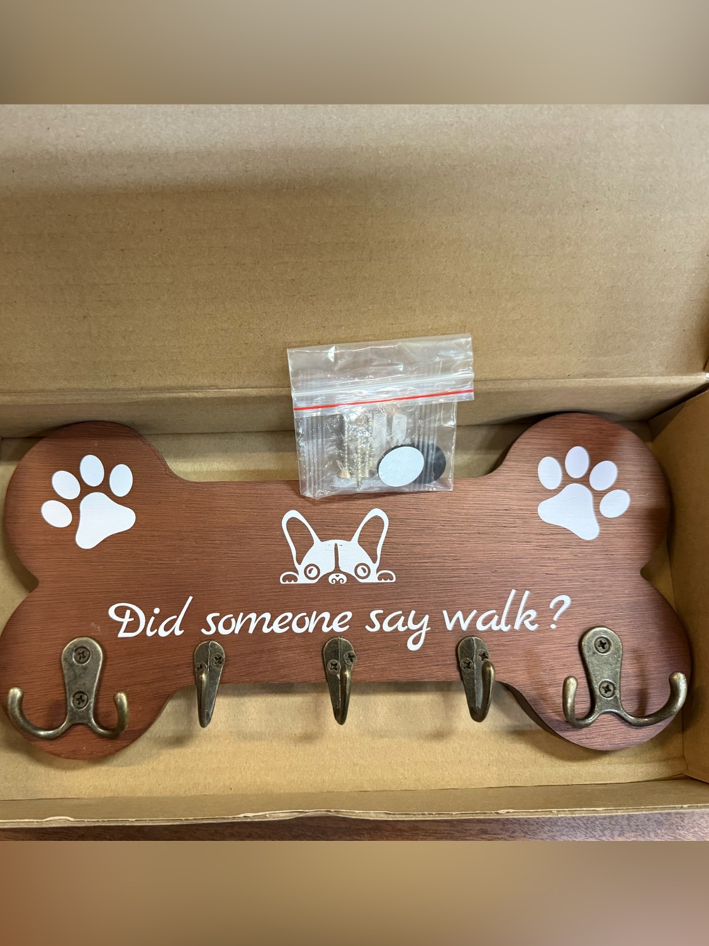 NWT Brown Dog Bone Wall Hook with White Paw Prints